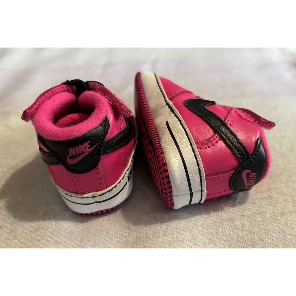 Nike Baby Girl Shoes Size 1C Pink & Black Swoosh Logo Lace Up EUC